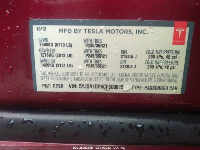 2012 TESLA MODEL S PERFORMANCE VIN: 5YJSA1DP4CFS00615