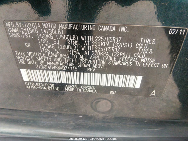 2011 TOYOTA RAV4 VIN: 2T3KF4DV5BW074145