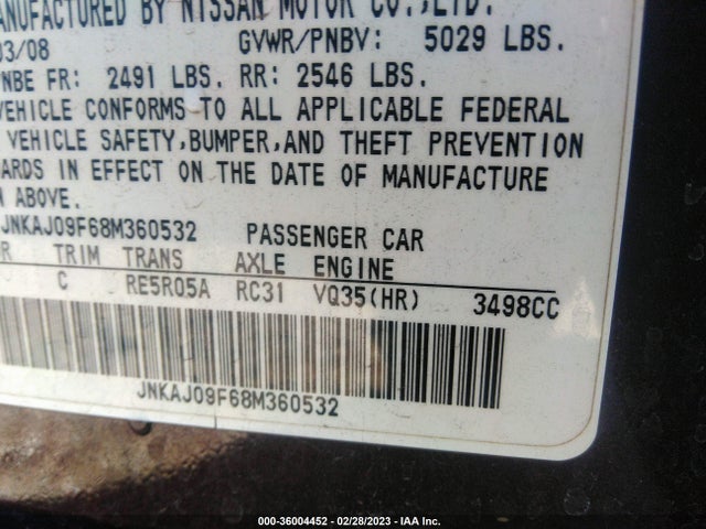 2008 INFINITI EX35 JOURNEY VIN: JNKAJ09F68M360532