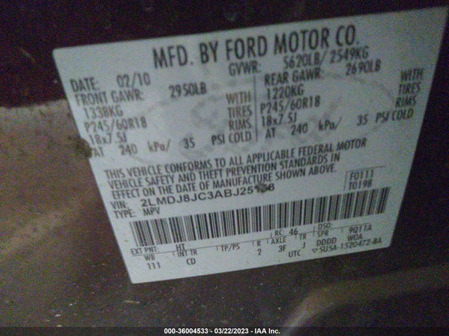 2010 LINCOLN MKX VIN: 2LMDJ8JC3ABJ25158