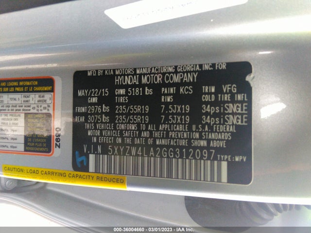 2016 HYUNDAI SANTA FE SPORT VIN: 5XYZW4LA2GG312097