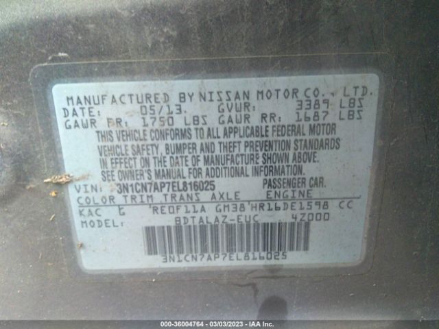3N1CN7AP7EL816025 Nissan Versa S Plus