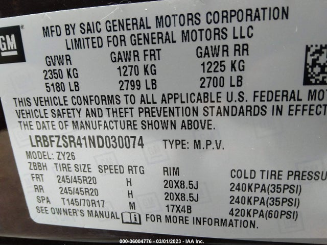 2022 BUICK ENVISION AVENIR VIN: LRBFZSR41ND030074
