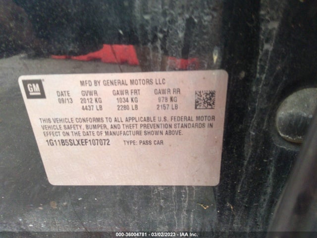 2014 CHEVROLET MALIBU LS VIN: 1G11B5SLXEF107072