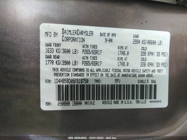Dodge DURANGO LIMITED 2005 1D4HB58D05F518750 Image 10