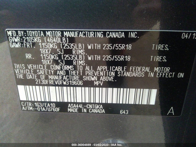 2015 TOYOTA RAV4 LIMITED VIN: 2T3DFREV0FW319606