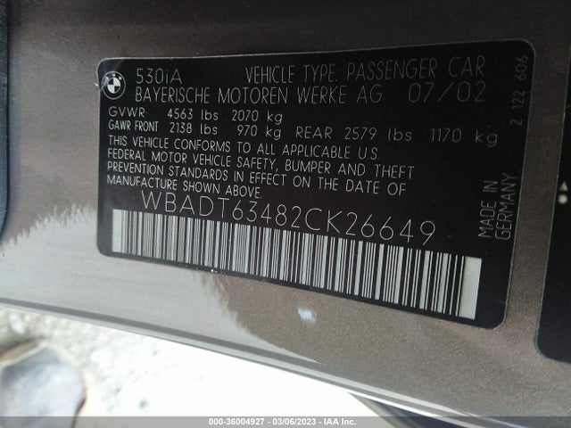 2002 BMW 5 SERIES 530IA VIN: WBADT63482CK26649