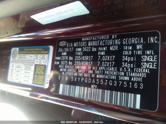 5XYPGDA55JG375163 KIA Sorento Lx V6