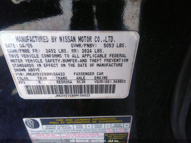 36005326 :رقم المزاد ، JNKAY01E86M104422 vin ، 2006 Infiniti M35 مزاد بيع