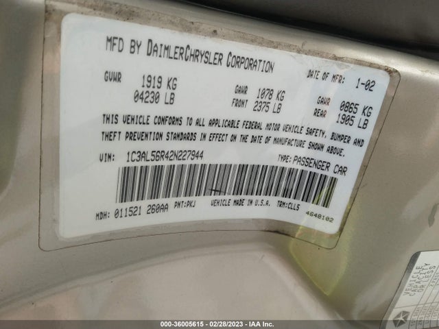 2002 CHRYSLER SEBRING LXI VIN: 1C3AL56R42N227944
