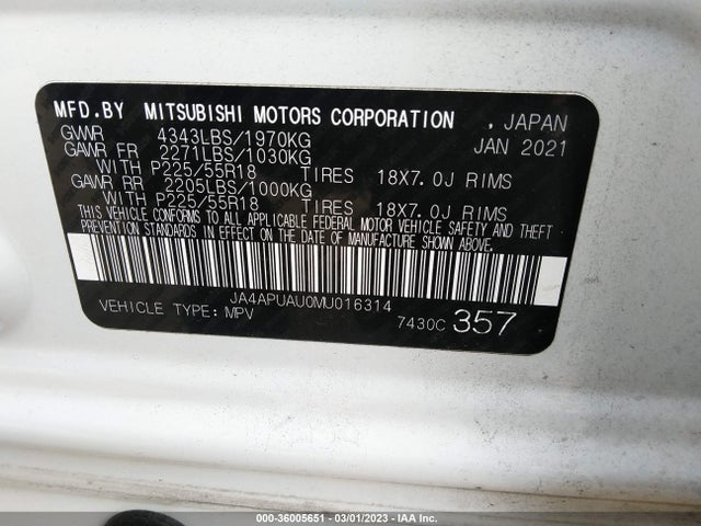 2021 MITSUBISHI OUTLANDER SPORT ES/LE/BE/S VIN: JA4APUAU0MU016314