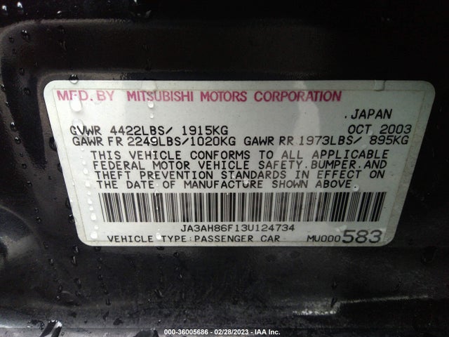 JA3AH86F13U124734 Mitsubishi LANCER EVOLUTION