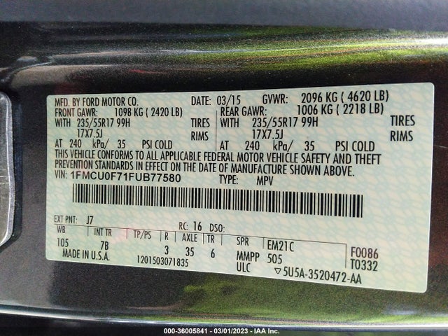 2015 FORD ESCAPE S VIN: 1FMCU0F71FUB77580
