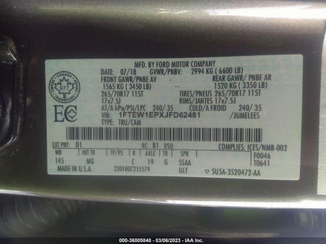 1FTEW1EPXJFD62481 Ford F-150 Xl/xlt/lariat