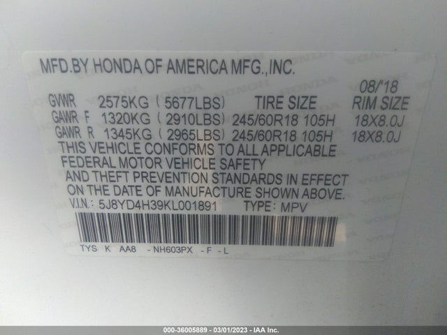 Acura MDX 2019 5J8YD4H39KL001891 Image 9