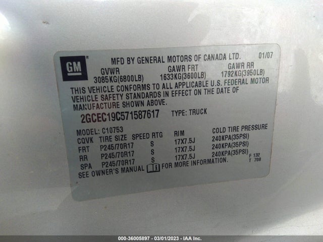 2007 CHEVROLET SILVERADO 1500 LT W/1LT VIN: 2GCEC19C571587617