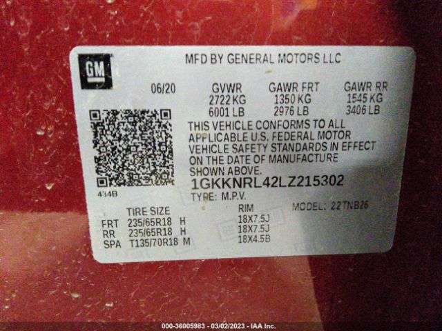 1GKKNRL42LZ215302 GMC ACADIA SLE