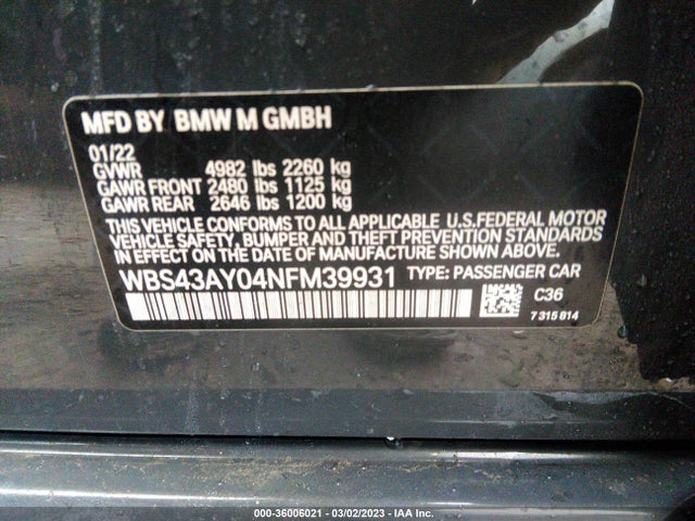 2022 BMW M3, VIN: WBS43AY04NFM39931