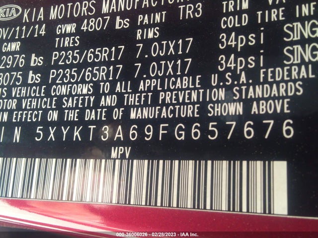 2015 Kia Sorento, VIN: 5XYKT3A69FG657676