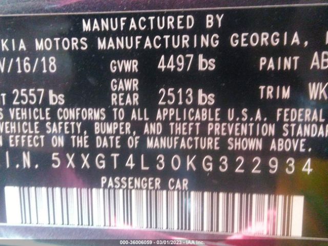 5XXGT4L30KG322934 KIA Optima S
