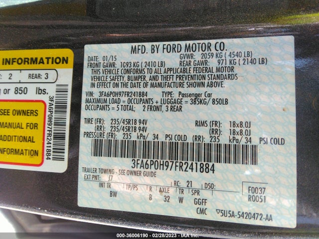 Ford FUSION SE 2015 3FA6P0H97FR241884 Image 11