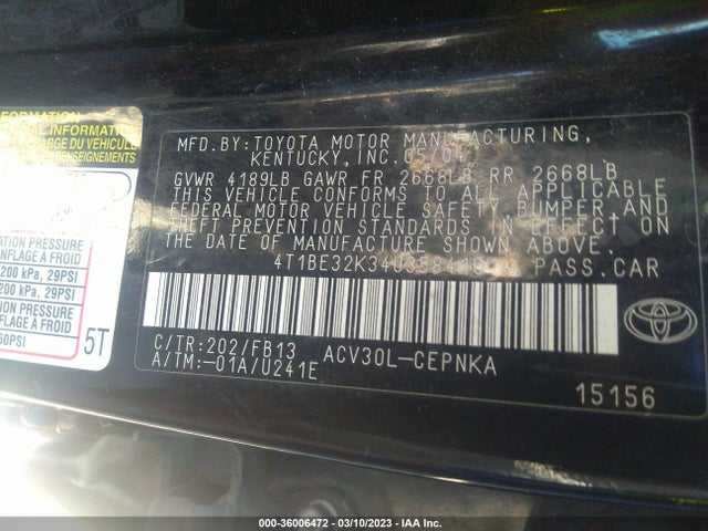 2004 TOYOTA CAMRY LE/SE/XLE/STD VIN: 4T1BE32K34U358410