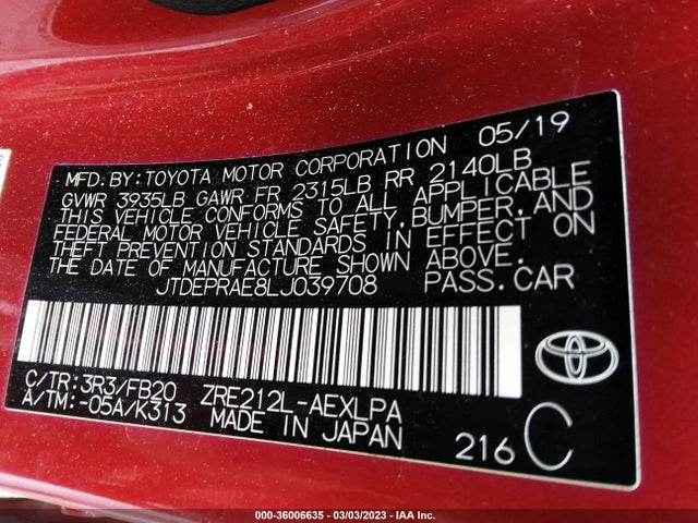 2020 TOYOTA COROLLA LE VIN: JTDEPRAE8LJ039708