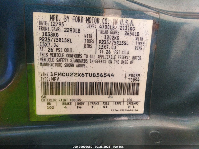 1996 FORD EXPLORER VIN: 1FMCU22X6TUB56544