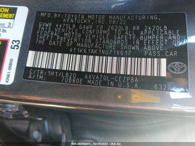2022 Toyota Camry, VIN: 4T1K61AK1NU718617
