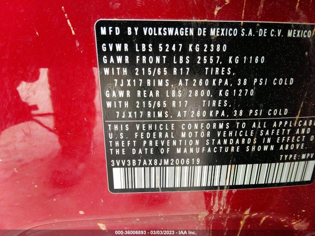 3VV3B7AX8JM200619 Volkswagen Tiguan Sel/se