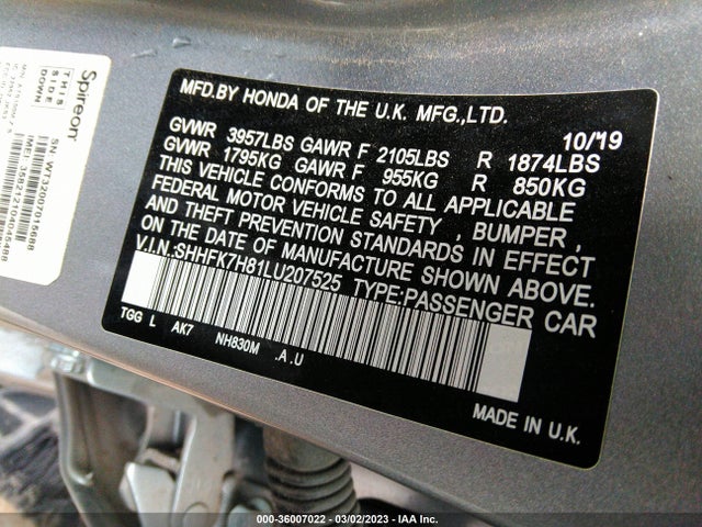 Honda Civic Hatchback Ex-l 2020 SHHFK7H81LU207525 Image 9