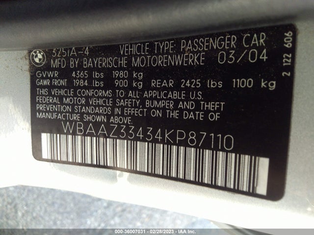 2004 BMW 3 SERIES 325I VIN: WBAAZ33434KP87110