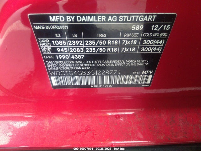 2016 Mercedes-Benz GLA-Class, VIN: WDCTG4GB3GJ228774