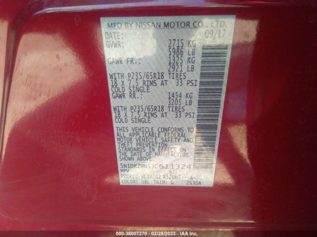 5N1DR2MN5JC611324 Nissan Pathfinder Sl