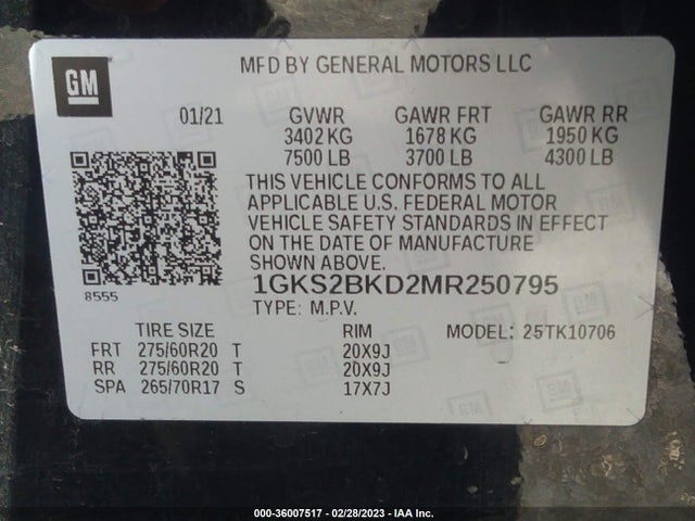 2021 GMC Yukon, VIN: 1GKS2BKD2MR250795