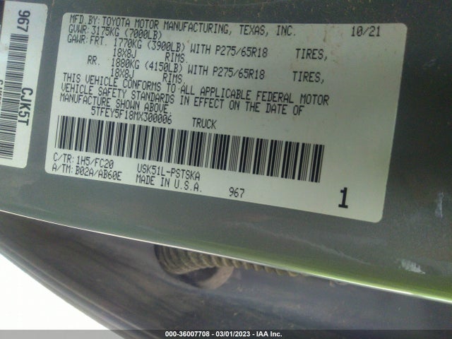 2021 Toyota Tundra, VIN: 5TFEY5F18MX300006