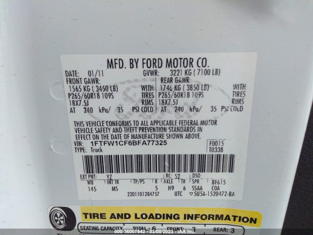 2011 FORD F-150 XL/XLT/FX2/LARIAT VIN: 1FTFW1CF6BFA77325