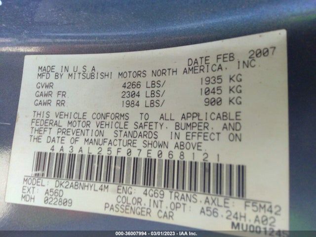 4A3AL25F07E068121 Mitsubishi ECLIPSE GS