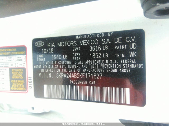 2019 KIA RIO S VIN: 3KPA24AB5KE171827