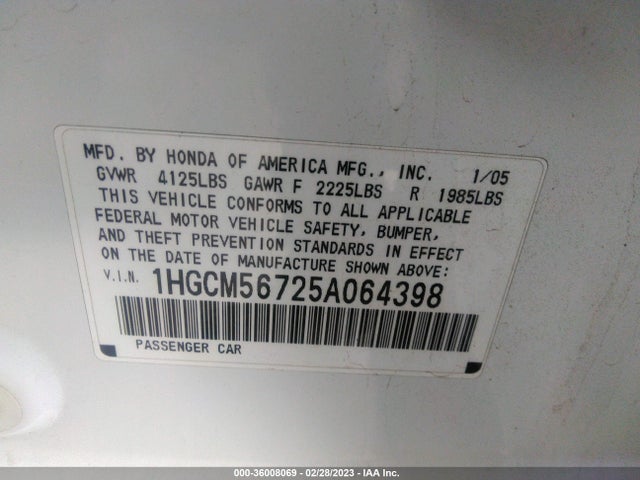 2005 HONDA ACCORD SDN EX/EX-L WITH NAVI VIN: 1HGCM56725A064398