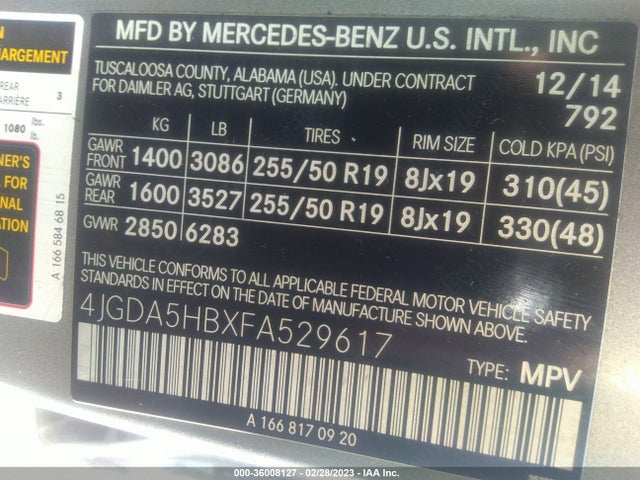 2015 MERCEDES-BENZ M-CLASS ML 350 VIN: 4JGDA5HBXFA529617