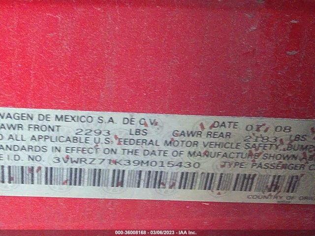 3VWRZ71K39M015430 Volkswagen Jetta Sedan Se/sel