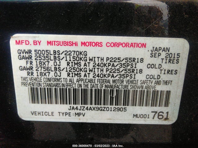 JA4JZ4AX9GZ012905 Mitsubishi OUTLANDER GT