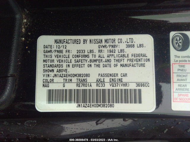 Продажа на аукционе авто 2013 Nissan 370z Touring, vin: JN1AZ4EH0DM382080, номер лота: 36008478