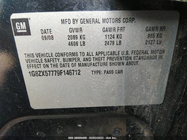 2009 SATURN AURA XR VIN: 1G8ZX57779F146712