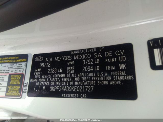 3KPF24AD9KE021727 KIA Forte Lxs