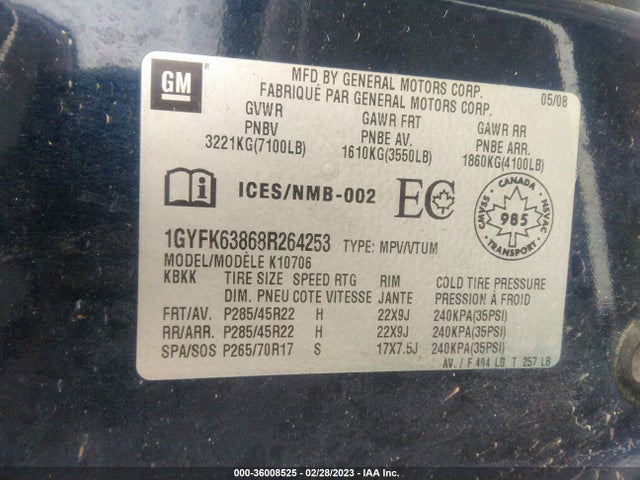 2008 CADILLAC ESCALADE VIN: 1GYFK63868R264253