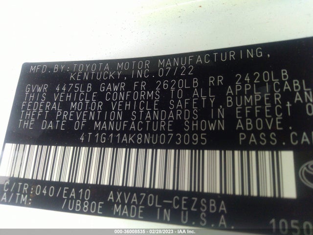 2022 Toyota Camry, VIN: 4T1G11AK8NU073095