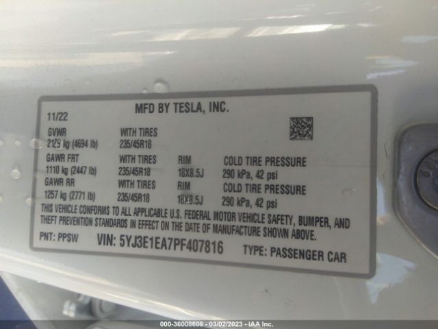 5YJ3E1EA7PF407816 Tesla MODEL 3