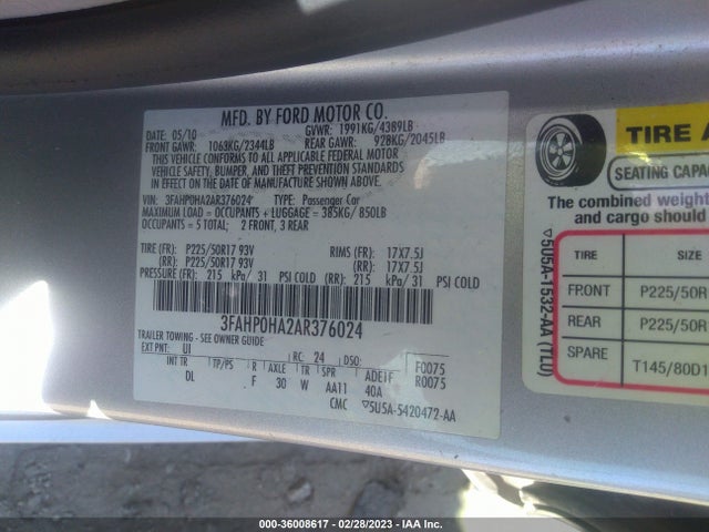 2010 FORD FUSION SE VIN: 3FAHP0HA2AR376024